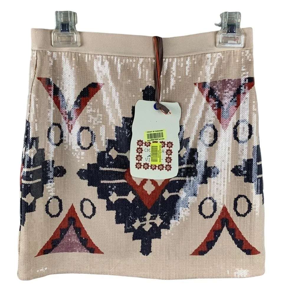 New Chelsea Violet Multi Color Aztec Sequin Lined Mini Skirt Boho Western Sz XS